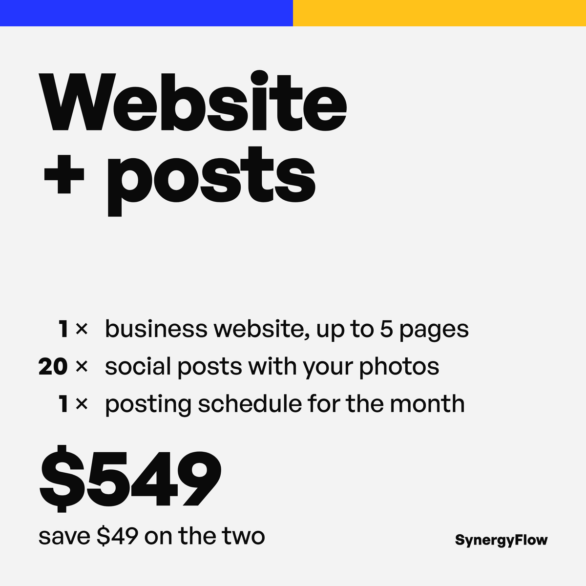 Website + posts combo, $549: a business website and 20 social posts, save $49