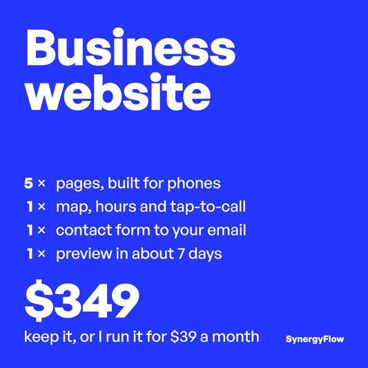 Business website, $349: 5 pages built for phones, map, hours and tap-to-call, contact form, preview in about 7 days. Keep it, or I run it for $39 a month